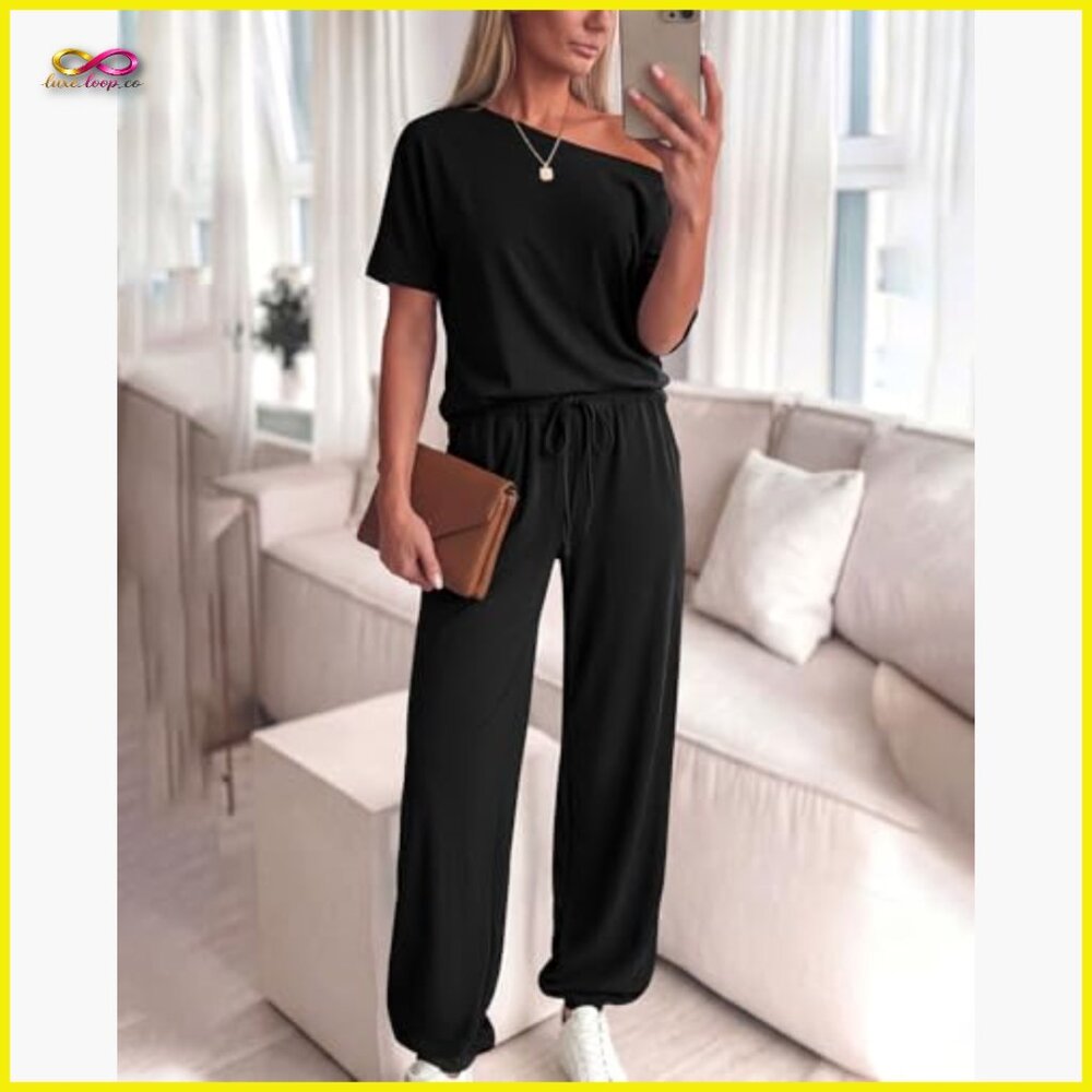 Off Shoulder Tracksuit Set Loose Fit Elastic Waist Drawstring Pants Summer - Picture 4 of 7